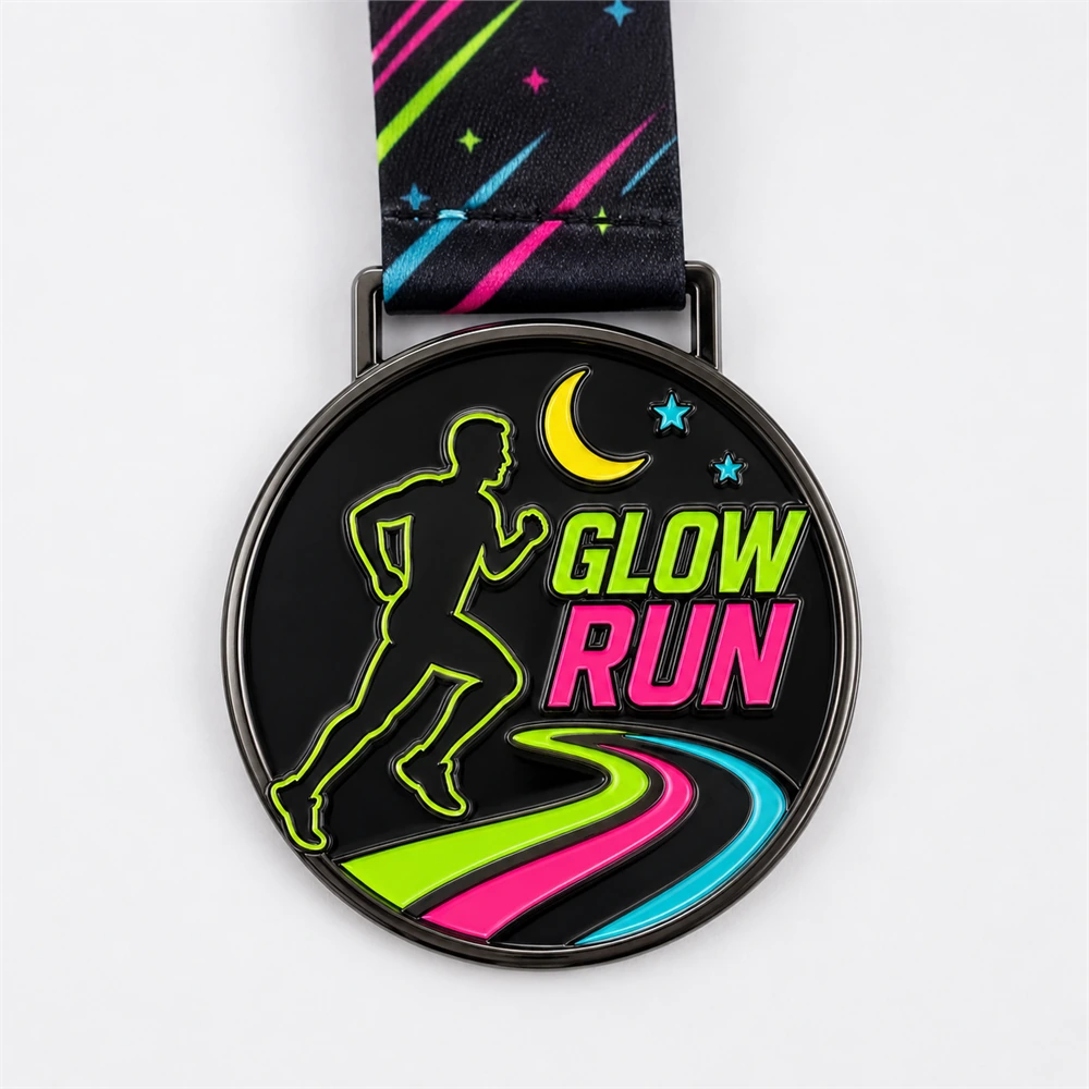 Lime runner neon trail Glow Run Medal soft enamel medal with raised black metal outlines, black enamel field, lime runner silhouette, pink and blue trail curves, crescent moon, stars, and neon ribbon.
