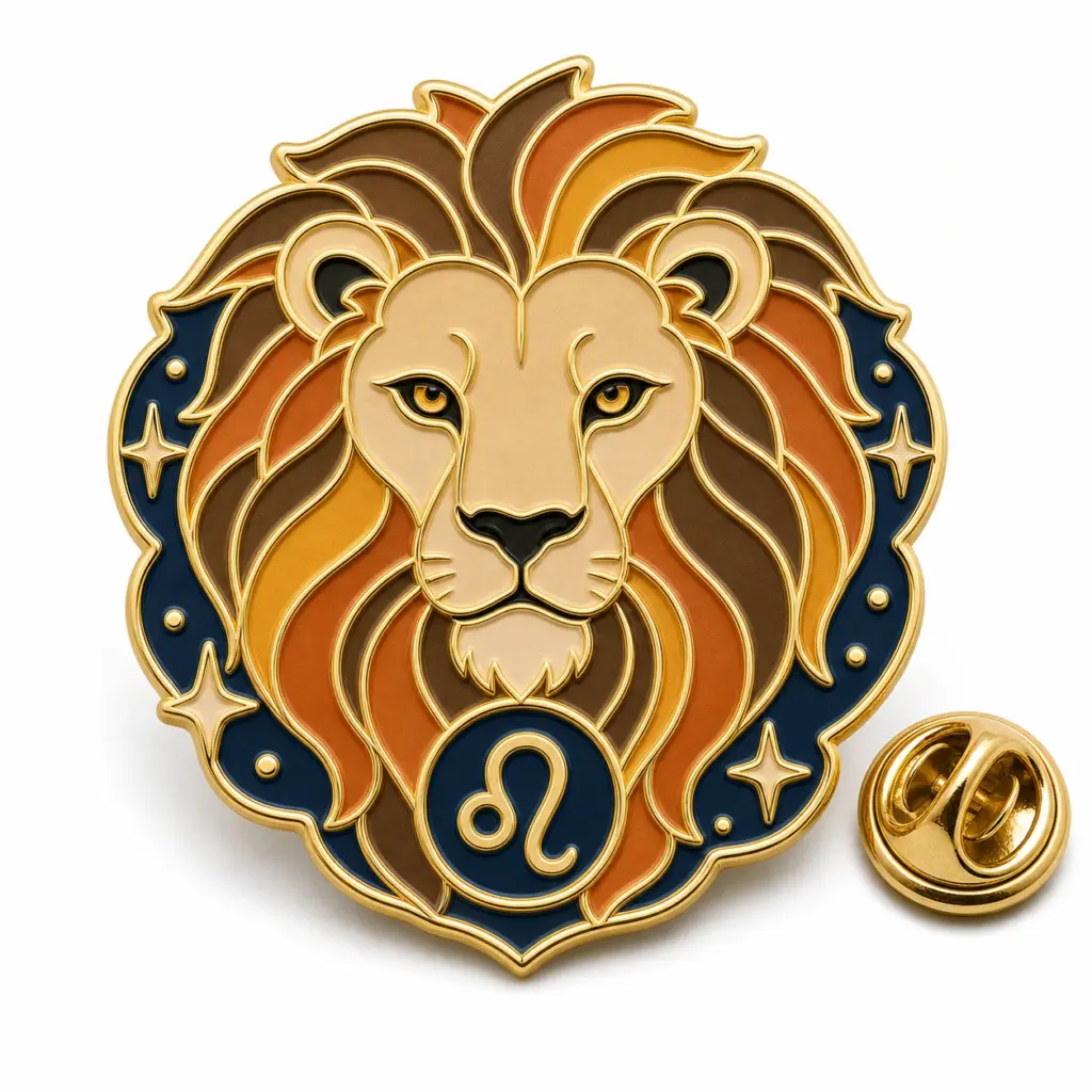 Badge en émail souple à tête de lion Lion avec crinière rayonnante, cellules étoilées bleu marine, séparateurs dorés et pochette papillon.