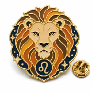 Leo lion head soft enamel badge with radiant mane, navy star cells, gold dividers, and butterfly clutch.