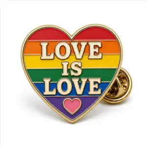 Custom love is love heart soft enamel pin with raised metal outlines and butterfly clutch on a white background.