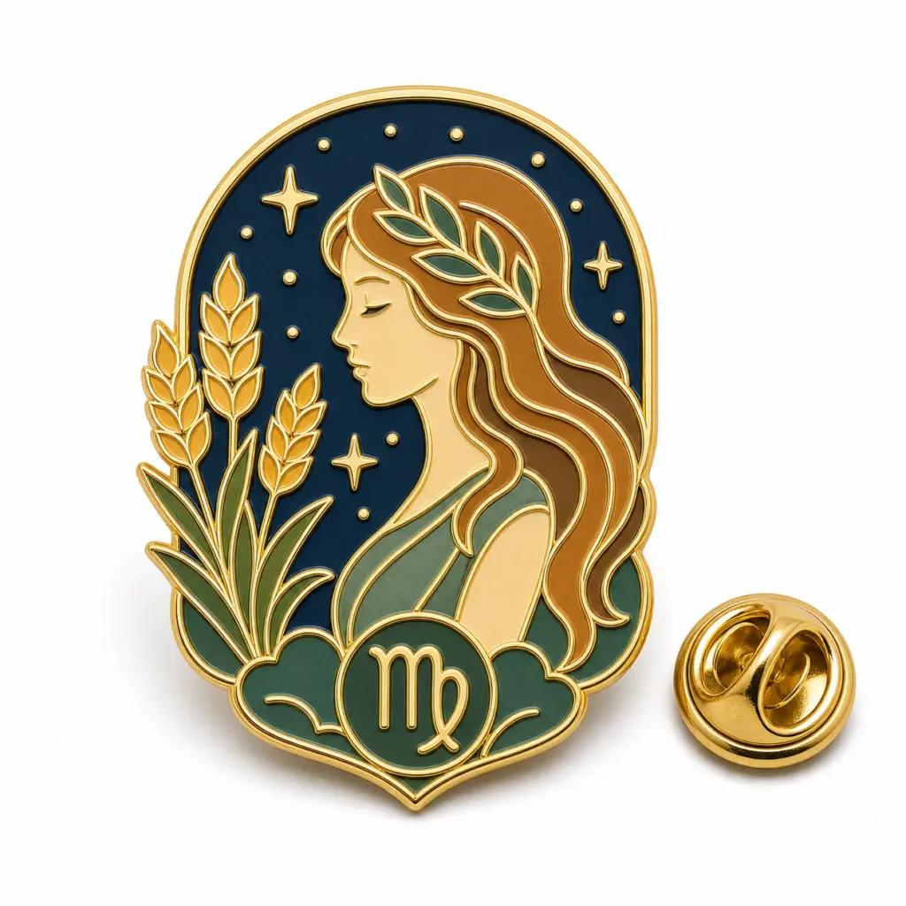 Badge Vierge en émail souple avec des tiges de blé, des alvéoles étoilées de couleur marine, des intercalaires dorés et une pochette papillon.