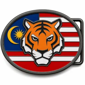 Malaysia soft enamel belt buckle with black nickel frame, right side belt loop hardware, red white and blue Malaysian flag-inspired background with raised tiger emblem on white background.