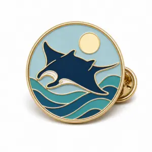 Custom manta ray ocean soft enamel pin with raised metal outlines and butterfly clutch on a white background.
