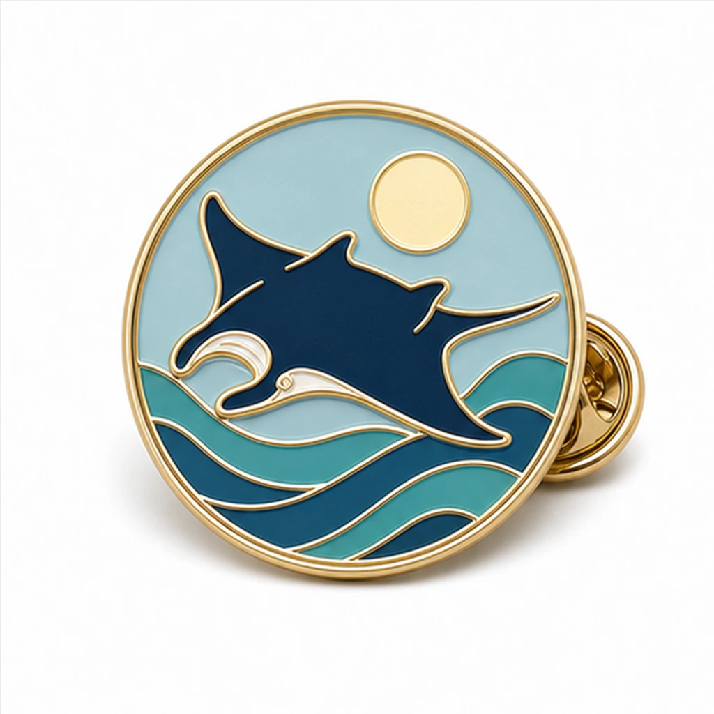 Custom manta ray ocean soft enamel pin with raised metal outlines and butterfly clutch on a white background.
