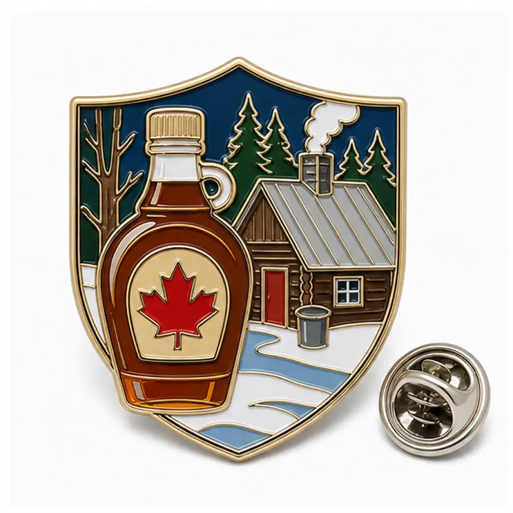 Custom maple syrup cabin soft enamel pin with cabin, maple, and syrup details connected in one raised metal badge.