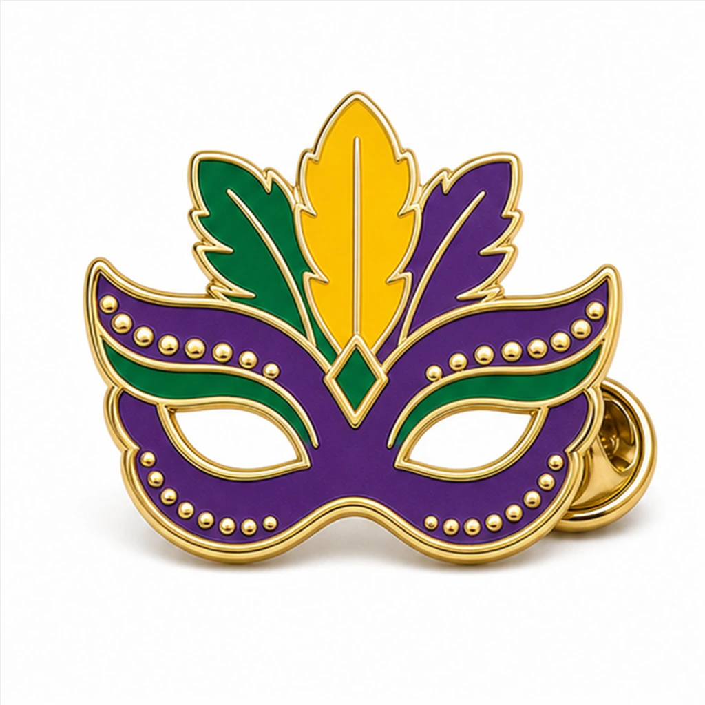 Custom mardi gras mask soft enamel pin with raised metal outlines and butterfly clutch on a white background.