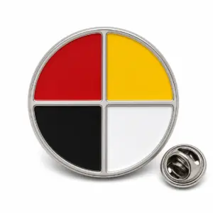 Custom medicine wheel circle soft enamel pin with silver outlines and butterfly clutch on a white background.