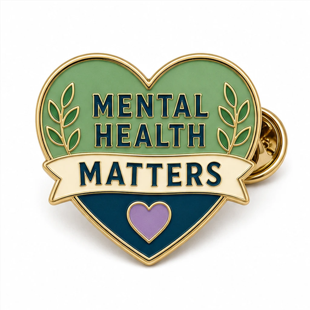 Custom mental health matters heart soft enamel pin with raised metal outlines and butterfly clutch on a white background.