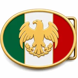 Mexico soft enamel belt buckle with gold metal frame, right side belt loop hardware, green white and red Mexican tricolor flag background with raised eagle emblem on white background.