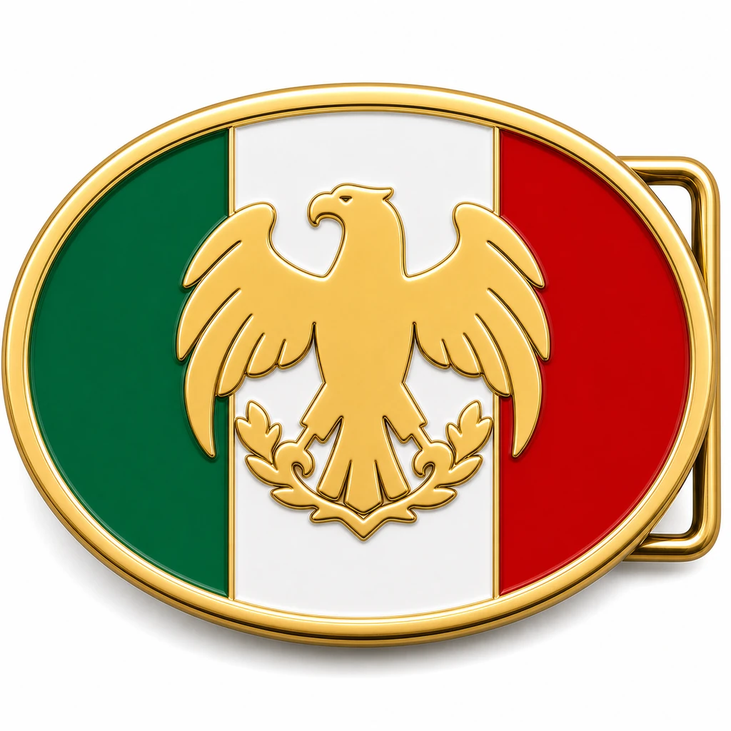 Boucle de ceinture en émail doux du Mexique avec cadre en métal doré, passant de ceinture du côté droit, fond du drapeau tricolore mexicain vert, blanc et rouge avec emblème de l'aigle en relief sur fond blanc.