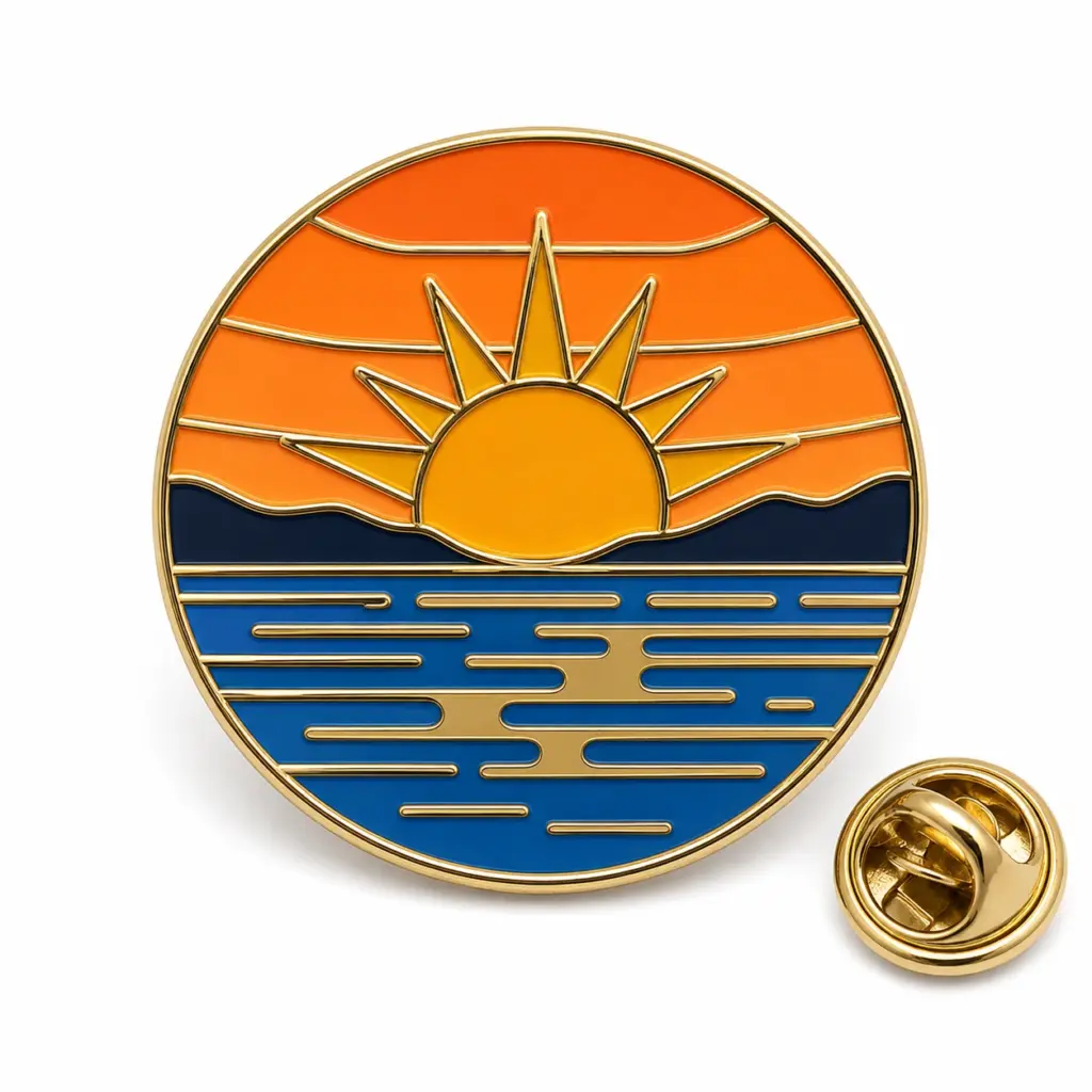 Custom midnight sun horizon soft enamel pin with gold outlines and butterfly clutch on a white background.
