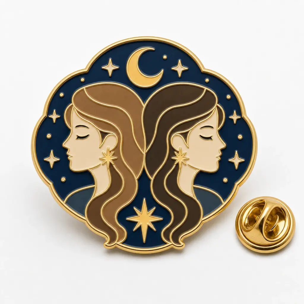 Badge en émail souple pour les jumeaux des Gémeaux avec faces réfléchissantes, croissant de lune, cellules étoilées de couleur marine, séparateurs dorés et pochette papillon.