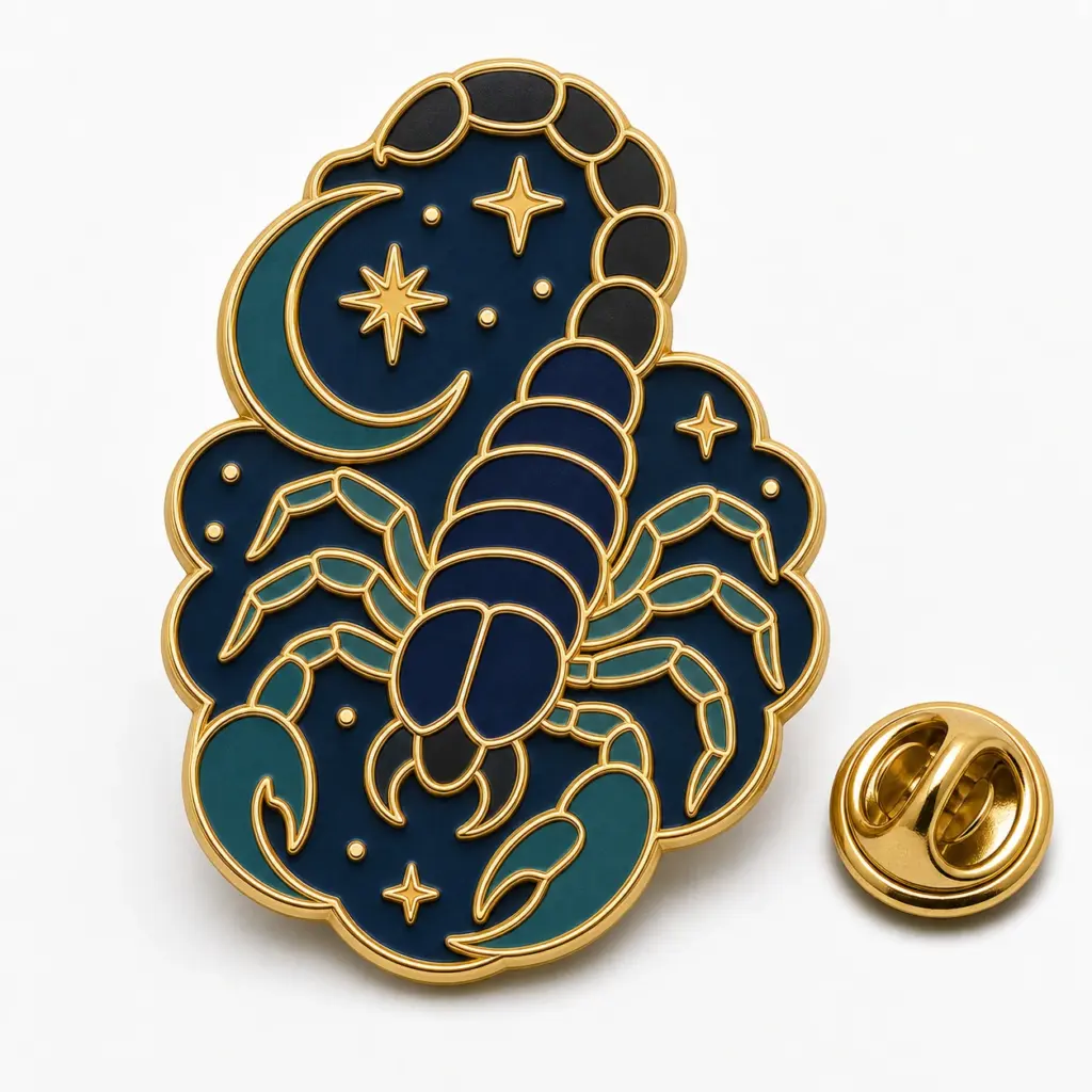 Badge Scorpion en émail souple avec croissant de lune, étoiles marines, griffes sarcelles, intercalaires dorés et pochette papillon.