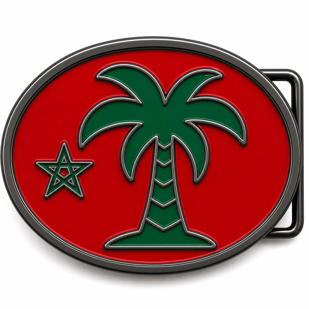 Boucle de ceinture en émail doux du Maroc avec cadre en nickel noir, passant de ceinture du côté droit, fond rouge du drapeau marocain avec accents verts et emblème de palmier en relief sur fond blanc.