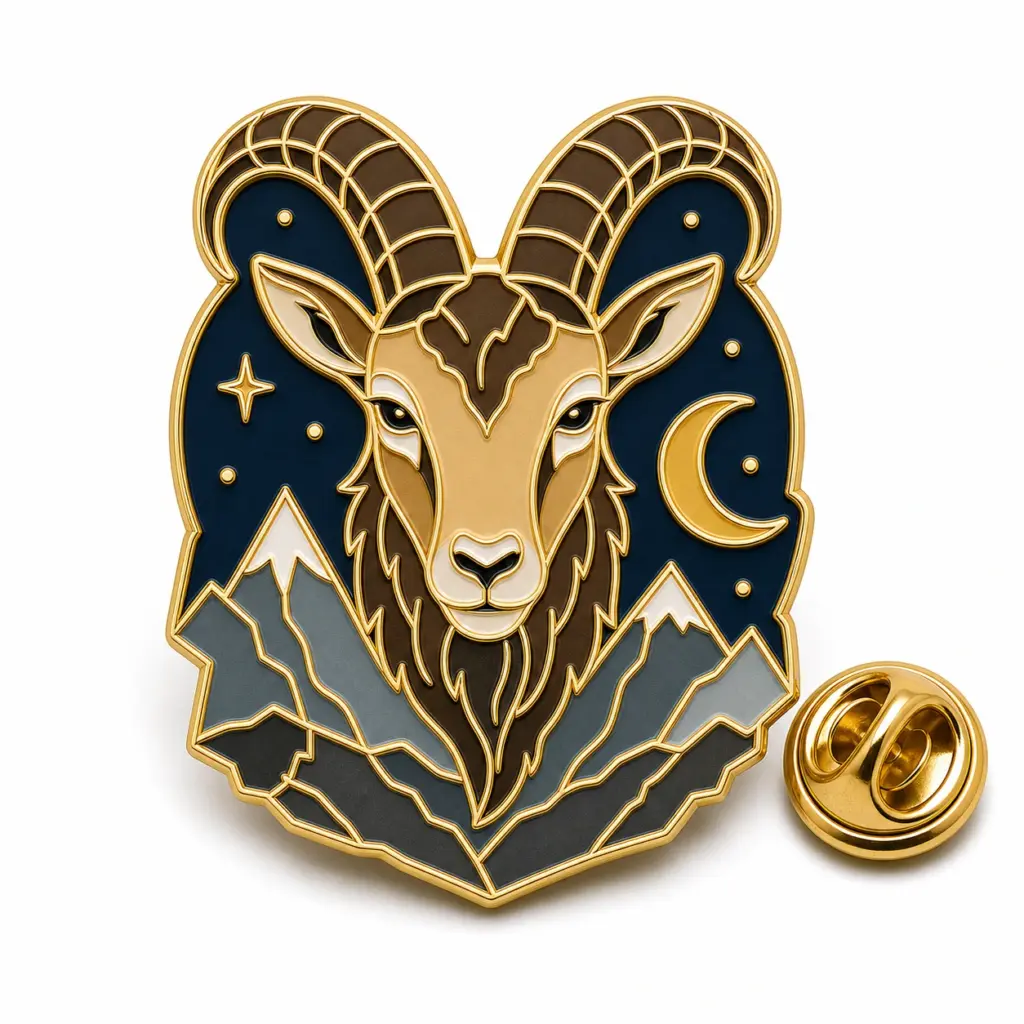 Badge Capricorne en émail souple avec base montagneuse, croissant de lune, étoiles marines, intercalaires dorés et pochette papillon.