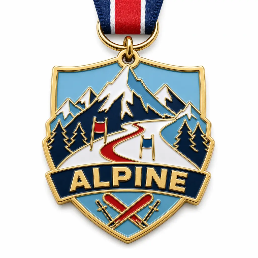 Pista de esquí de montaña, medalla de carrera de esquí alpino, medalla de esmalte blando con separadores metálicos en relieve, rellenos de esmalte brillante, cinta incorporada y fondo blanco de estudio.