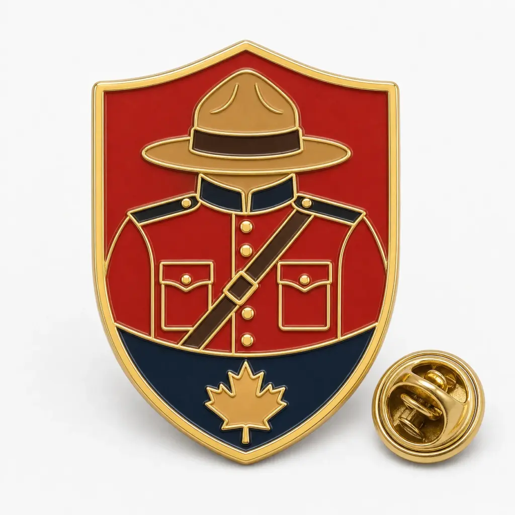 Custom Mountie shield soft enamel badge with gold outlines and butterfly clutch on a white background.