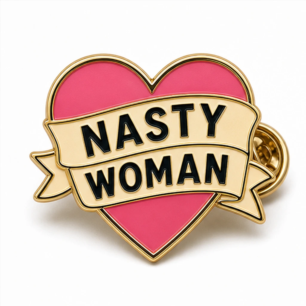 Custom nasty woman heart soft enamel pin with raised metal outlines and butterfly clutch on a white background.