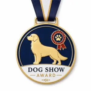Navy rosette Dog Show Medal soft enamel medal with raised gold outlines, golden retriever profile, navy enamel field, red award rosette, striped ribbon, and white background.