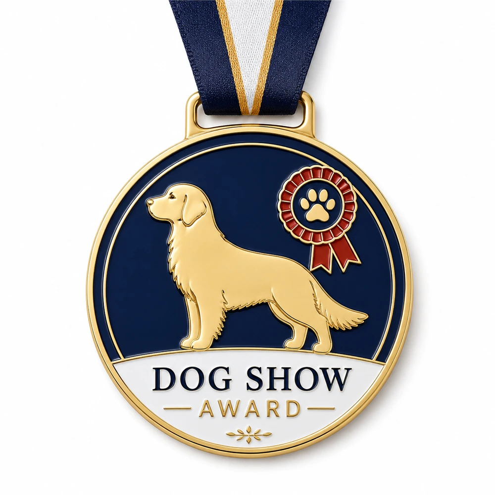 Navy rosette Dog Show Medal soft enamel medal with raised gold outlines, golden retriever profile, navy enamel field, red award rosette, striped ribbon, and white background.