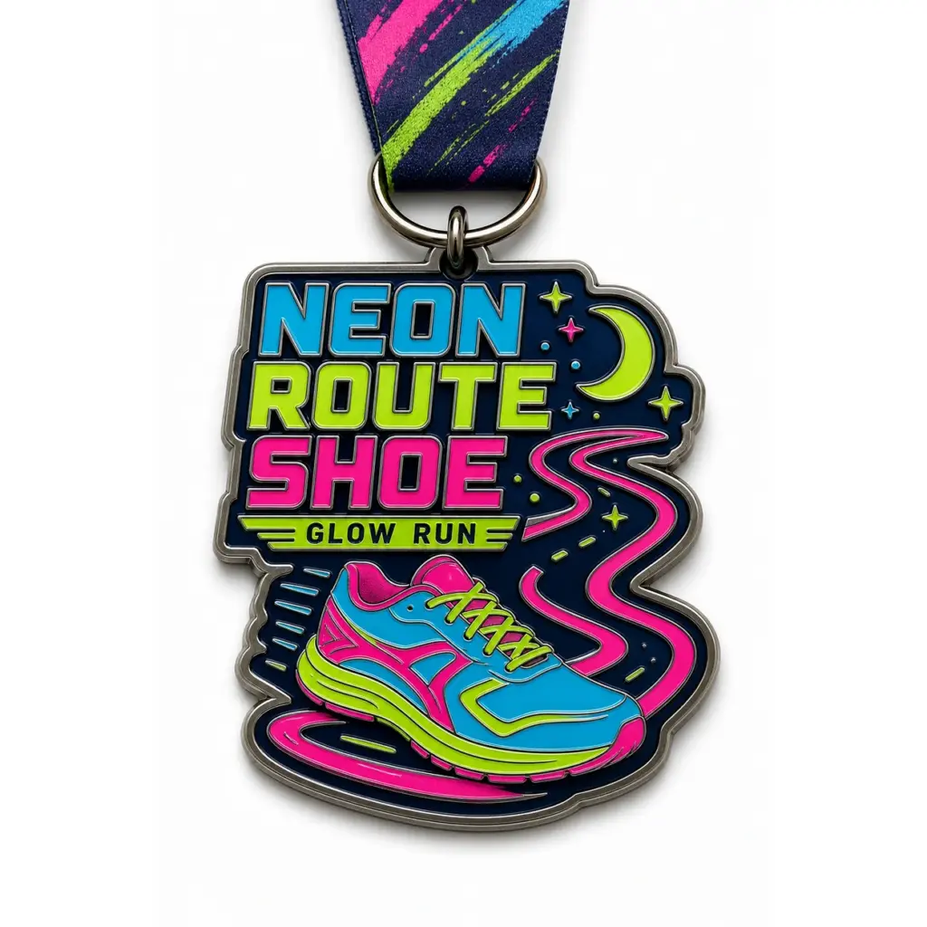 Medalla de esmalte blando para carrera «Neon Route Shoe Glow Run», con separadores metálicos en relieve, rellenos de esmalte brillante, cinta incorporada y fondo blanco de estudio.