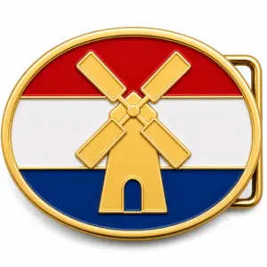 Netherlands soft enamel belt buckle with gold metal frame, right side belt loop hardware, red white and blue Dutch flag background with raised windmill emblem on white background.