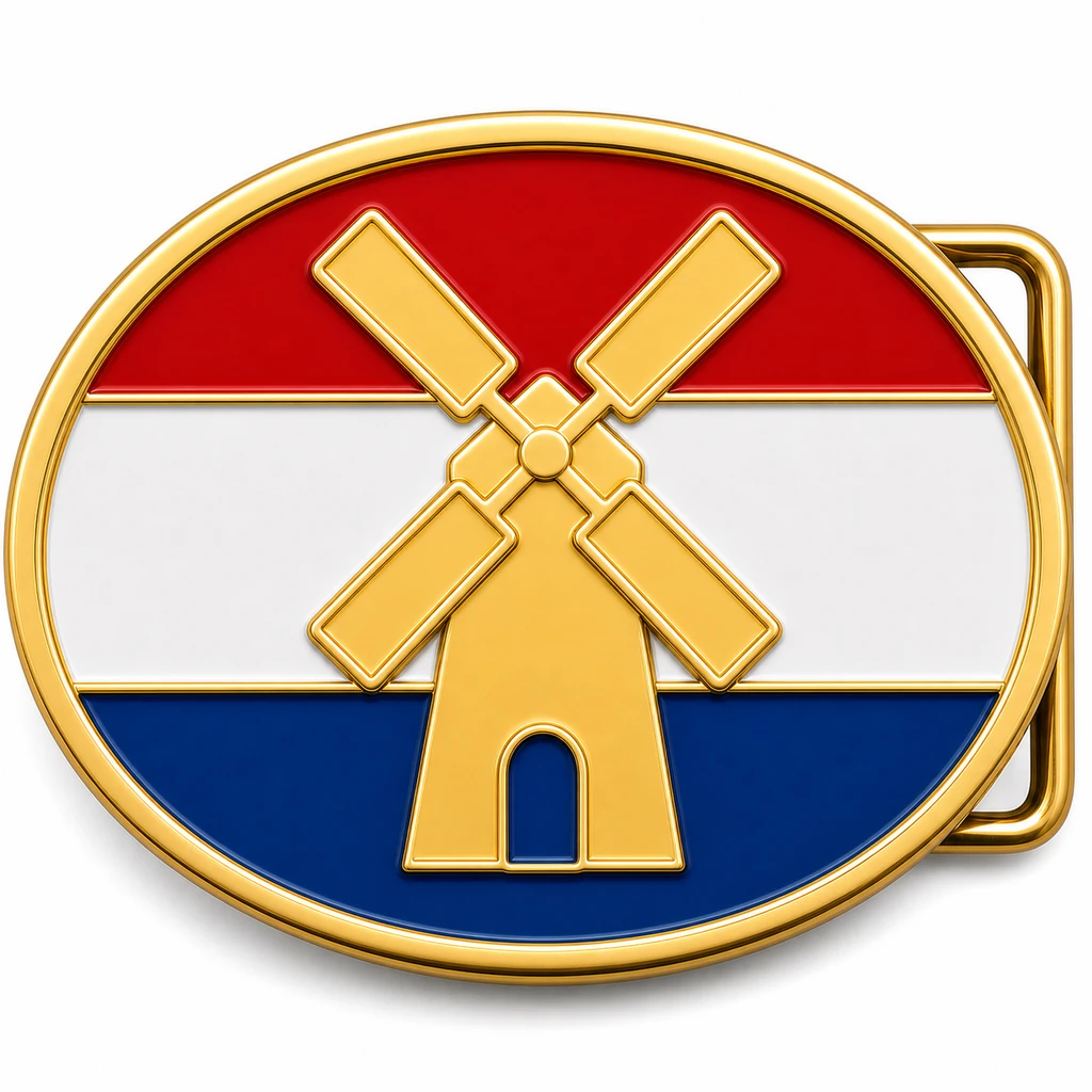 Boucle de ceinture en émail doux des Pays-Bas avec cadre en métal doré, passant de ceinture du côté droit, fond rouge, blanc et bleu du drapeau néerlandais avec emblème de moulin à vent en relief sur fond blanc.