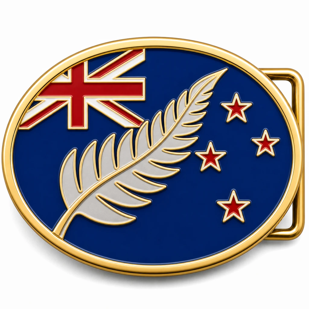 Boucle de ceinture en émail doux de Nouvelle-Zélande avec cadre en métal doré, passant de ceinture du côté droit, fond bleu inspiré du drapeau néo-zélandais avec emblème de fougère argentée en relief sur fond blanc.