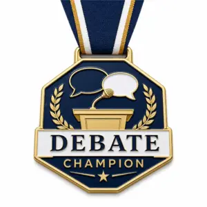Octagon podium speech Debate Medal soft enamel medal with raised gold outlines, navy enamel field, gold podium, microphone, speech bubbles, laurel branches, striped ribbon, and white background.