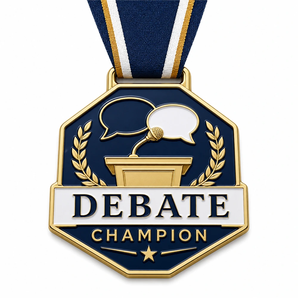 Octagon podium speech Debate Medal soft enamel medal with raised gold outlines, navy enamel field, gold podium, microphone, speech bubbles, laurel branches, striped ribbon, and white background.