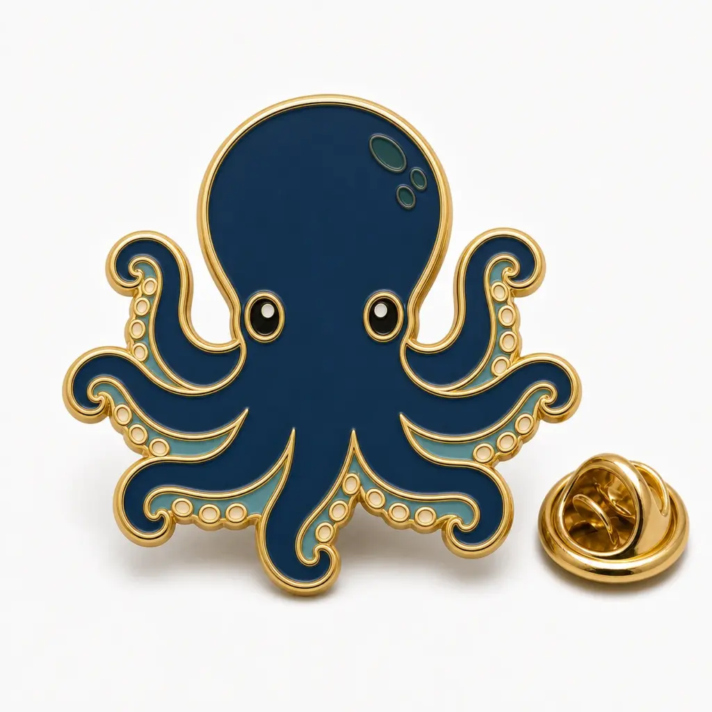 Insignia esmaltada de pulpo de aguas profundas con el cuerpo azul, tentáculos rizados, contorno dorado y cierre de mariposa.