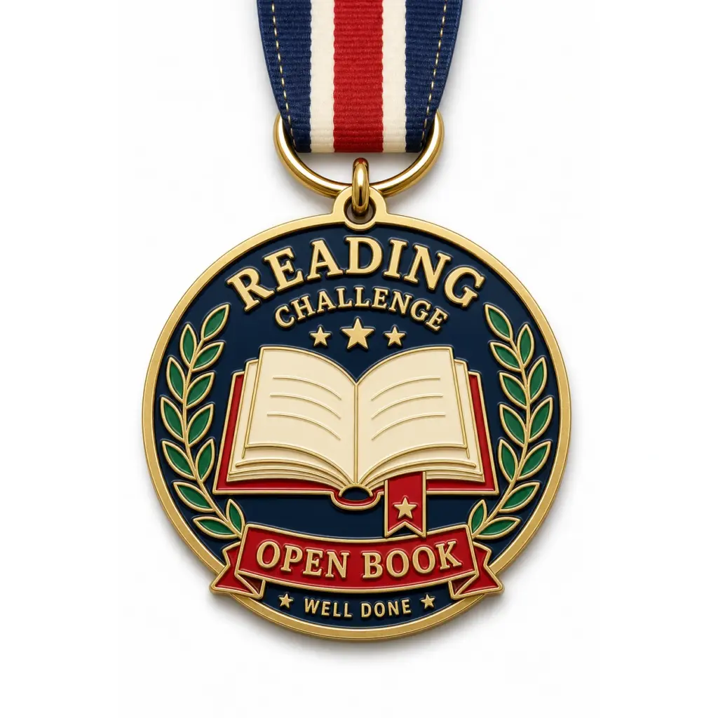 Medalla del reto de lectura «Open Book Laurel», realizada en esmalte blando con separadores metálicos en relieve, rellenos de esmalte brillante, cinta incorporada y fondo blanco de estudio.