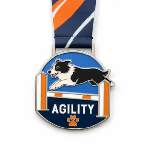 Orange hurdle Dog Agility Medal soft enamel medal with raised silver outlines, black and white border collie, blue enamel field, orange jump bars, paw print detail, striped ribbon, and white background.