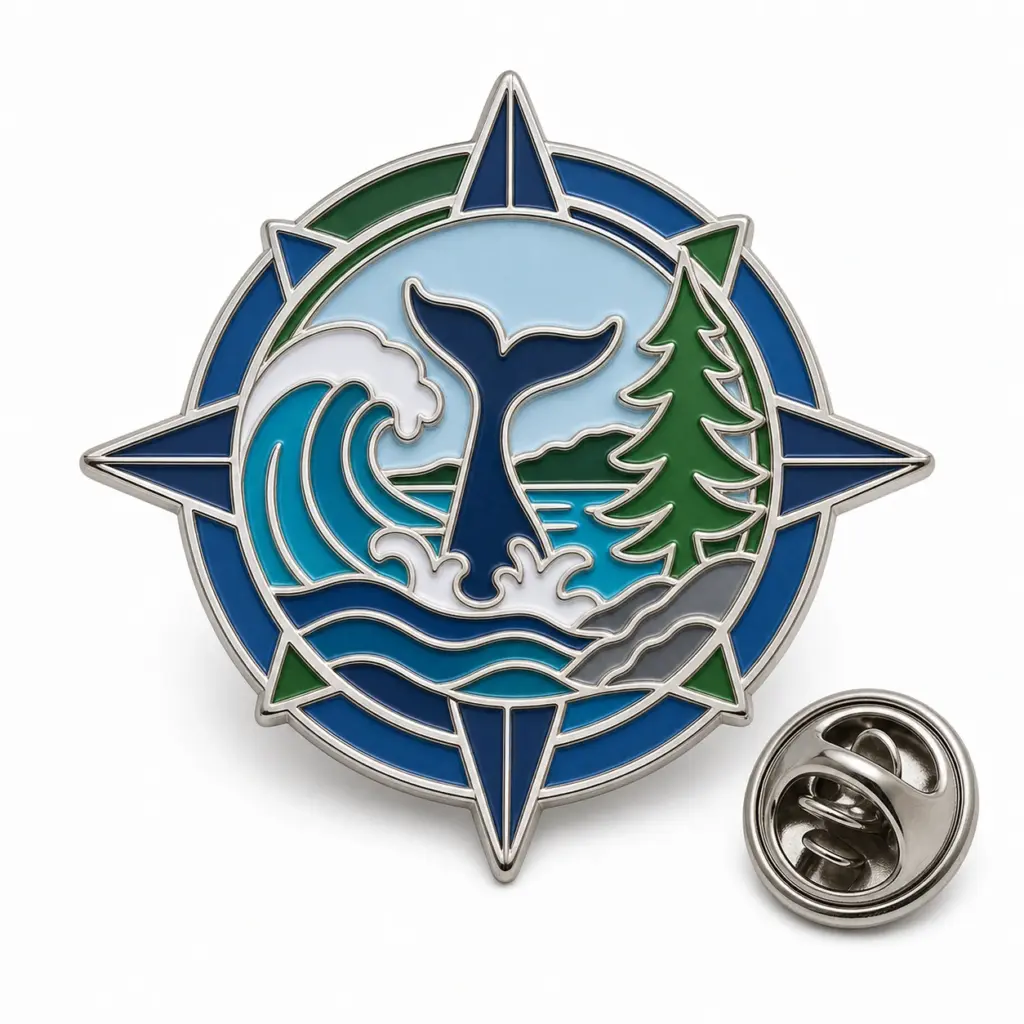 Badge personnalisé en émail souple avec des contours métalliques en relief et un embrayage papillon sur fond blanc.
