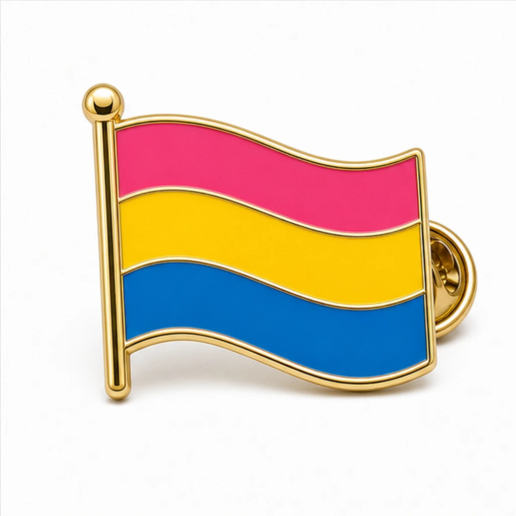Custom pansexual pride flag soft enamel pin with raised metal outlines and butterfly clutch on a white background.