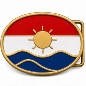 Paraguay soft enamel belt buckle with brass metal frame, right side belt loop hardware, red white and blue flag bands and raised river sun design on white background.
