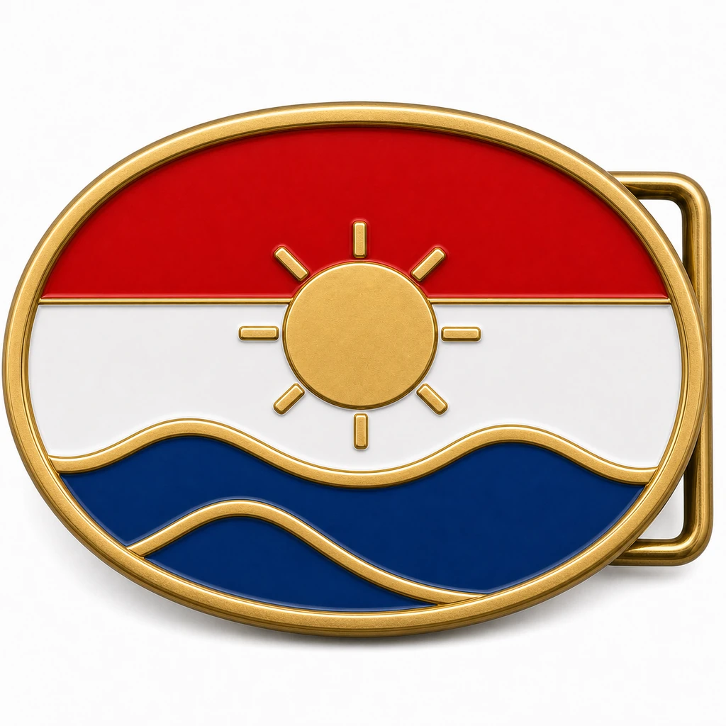 Boucle de ceinture en émail souple du Paraguay avec cadre métallique en laiton, passant de ceinture du côté droit, bandes du drapeau rouge, blanc et bleu et soleil de rivière en relief sur fond blanc.