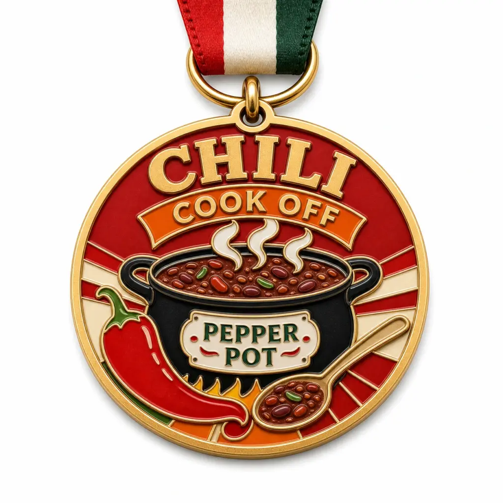 Medalla de esmalte blando del concurso de chili «Pepper Pot», con separadores metálicos en relieve, rellenos de esmalte brillante, cinta incorporada y fondo blanco de estudio.