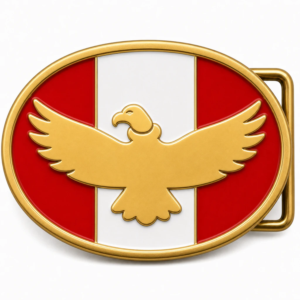 Boucle de ceinture en émail doux du Pérou avec cadre en métal laitonné, passant de ceinture du côté droit, champs de drapeaux rouge, blanc et rouge et motif de condor en relief sur fond blanc.