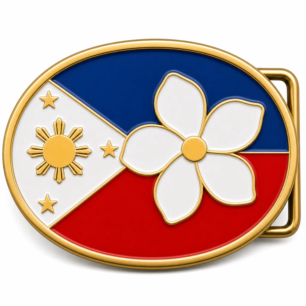 Boucle de ceinture en émail doux des Philippines avec monture en métal laitonné, passant de ceinture du côté droit, drapeau bleu rouge blanc et fleur de sampaguita en relief sur fond blanc.