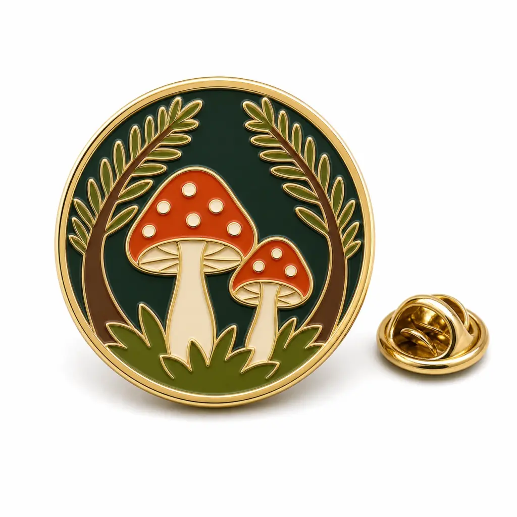 Badge en émail souple avec champignon des bois, branches de pin, contours en métal doré et pochette de papillon sur fond blanc.