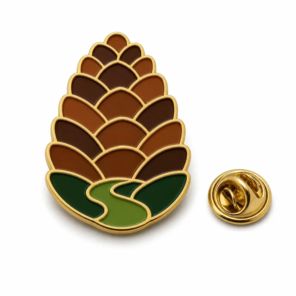 Badge en émail en forme de pomme de pin avec base verte, séparateurs en métal doré et pochette papillon.