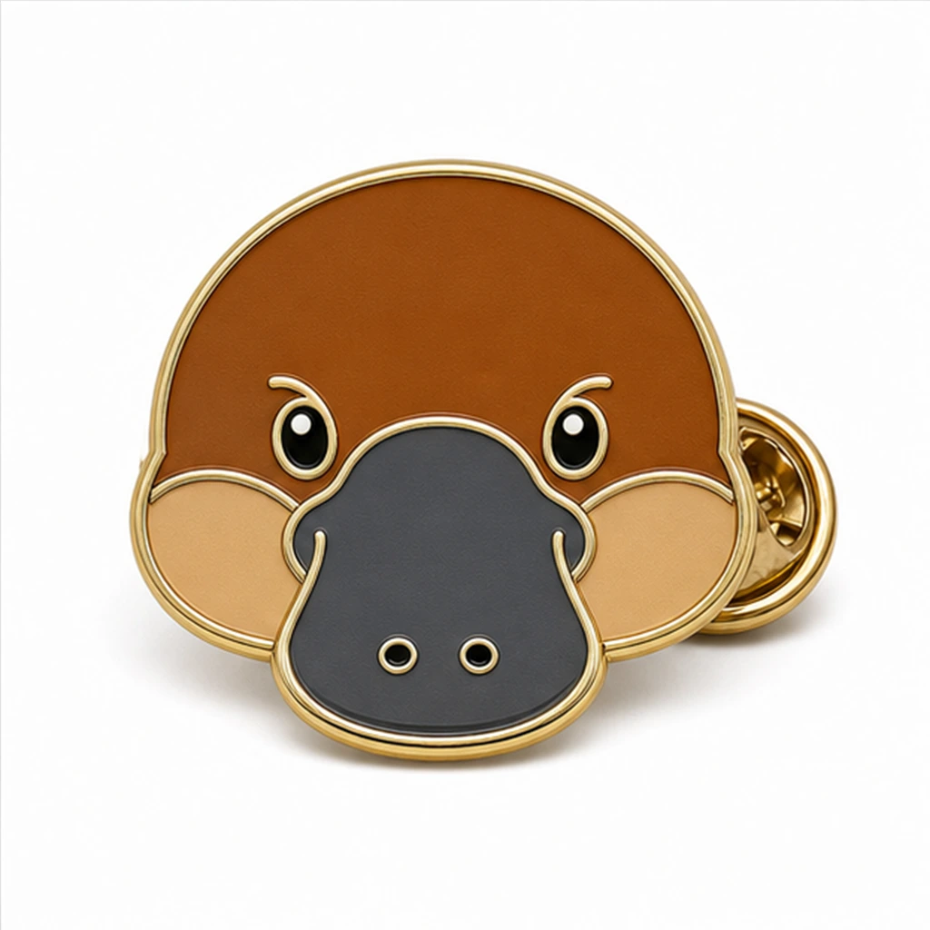 Custom platypus face soft enamel pin with raised metal outlines and butterfly clutch on a white background.