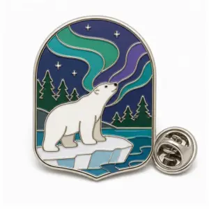 Custom polar bear aurora landscape soft enamel pin with raised metal outlines and butterfly clutch on a white background.