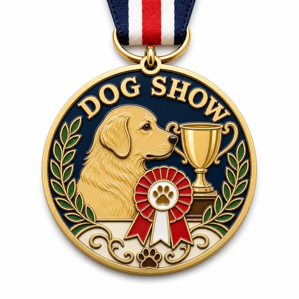 Medalla de exposición canina de perfil, con esmalte blando, separadores metálicos en relieve, rellenos de esmalte brillante, cinta incorporada y fondo blanco de estudio.