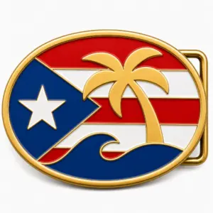 Puerto Rico soft enamel belt buckle with brass metal frame, right side belt loop hardware, red white and blue flag design with raised palm wave design on white background.