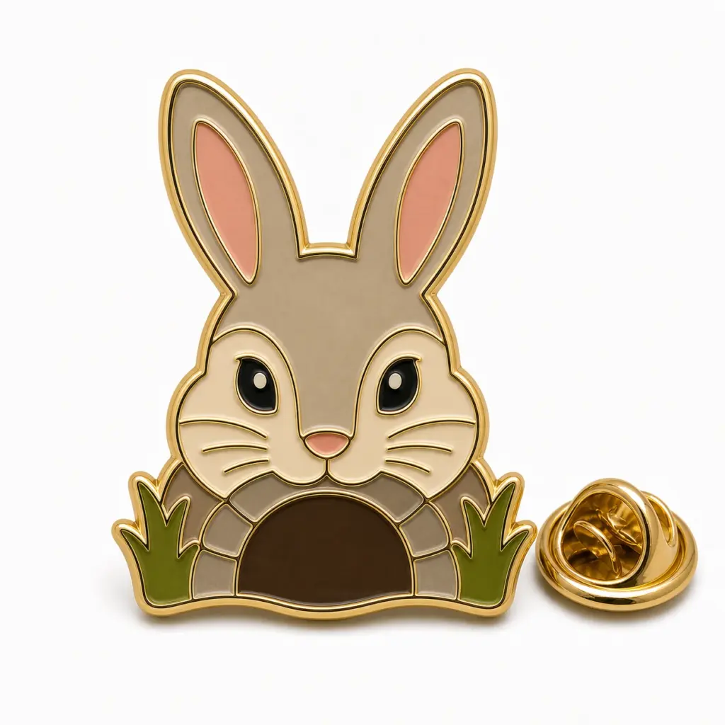Insignia de esmalte blando con un conejo sobre la entrada de una madriguera, detalles de hierba, separadores dorados y cierre de mariposa.