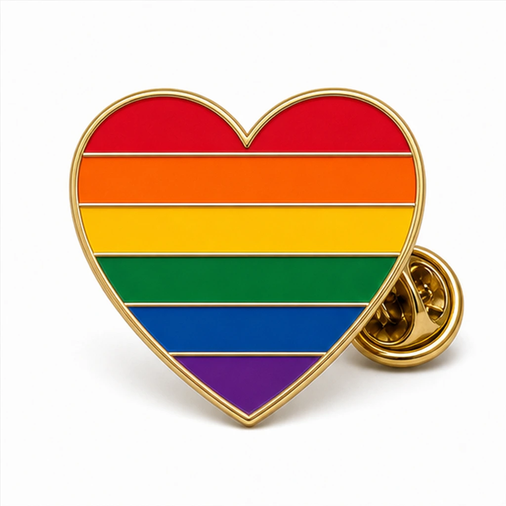 Custom rainbow pride heart soft enamel pin with raised metal outlines and butterfly clutch on a white background.