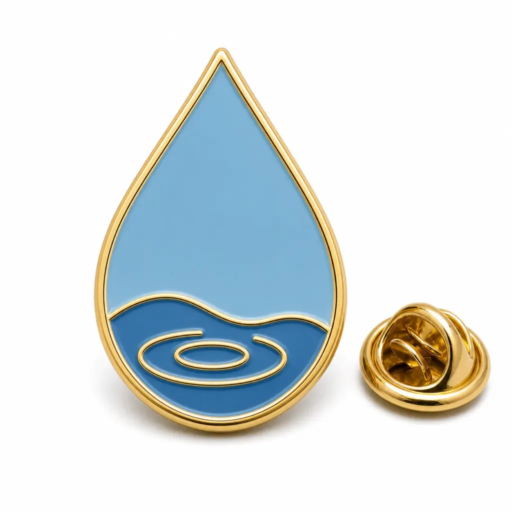 Badge en émail en forme de goutte d'eau avec motif ondulé, alvéoles bleues plates, intercalaires dorés et pochette papillon.