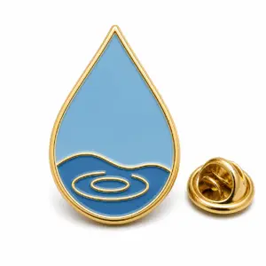 Raindrop-shaped puddle enamel badge with ripple motif, flat blue cells, gold dividers, and butterfly clutch.